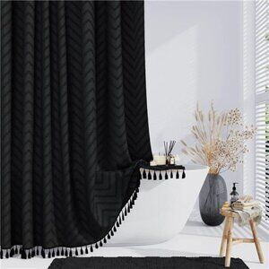 Boho Farmhouse Shower Curtain, Black Fabric Tufted Chevron Striped Textured